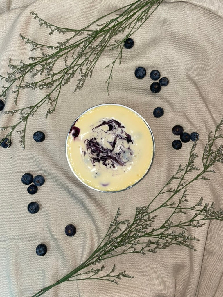 Blueberry cheesecake with blueberries on a beige fabric background